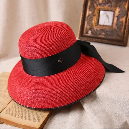 Straw Retro Bow Wide Brim Sun Hat — Natural | KIMLUD