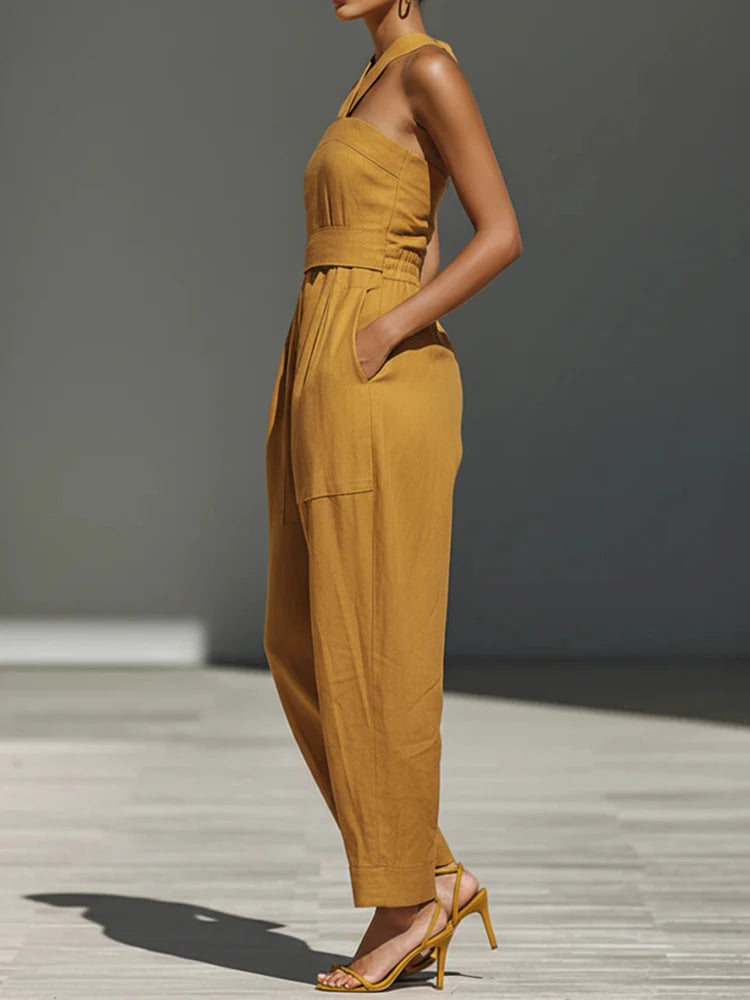 Hollow Patchwork Chic Halter Jumpsuit — Black | KIMLUD