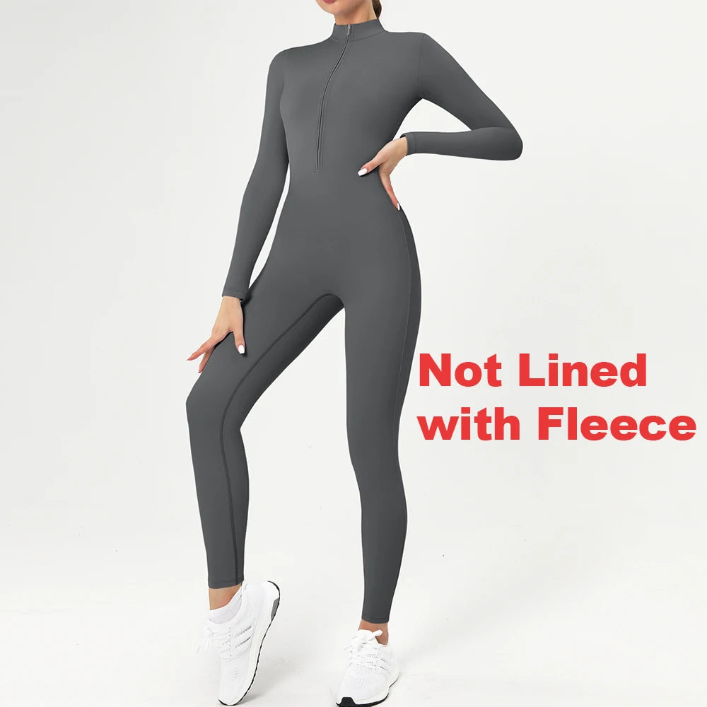 Jumpsuit – Zippered Fleece-Lined Knit – Black | KIMLUD