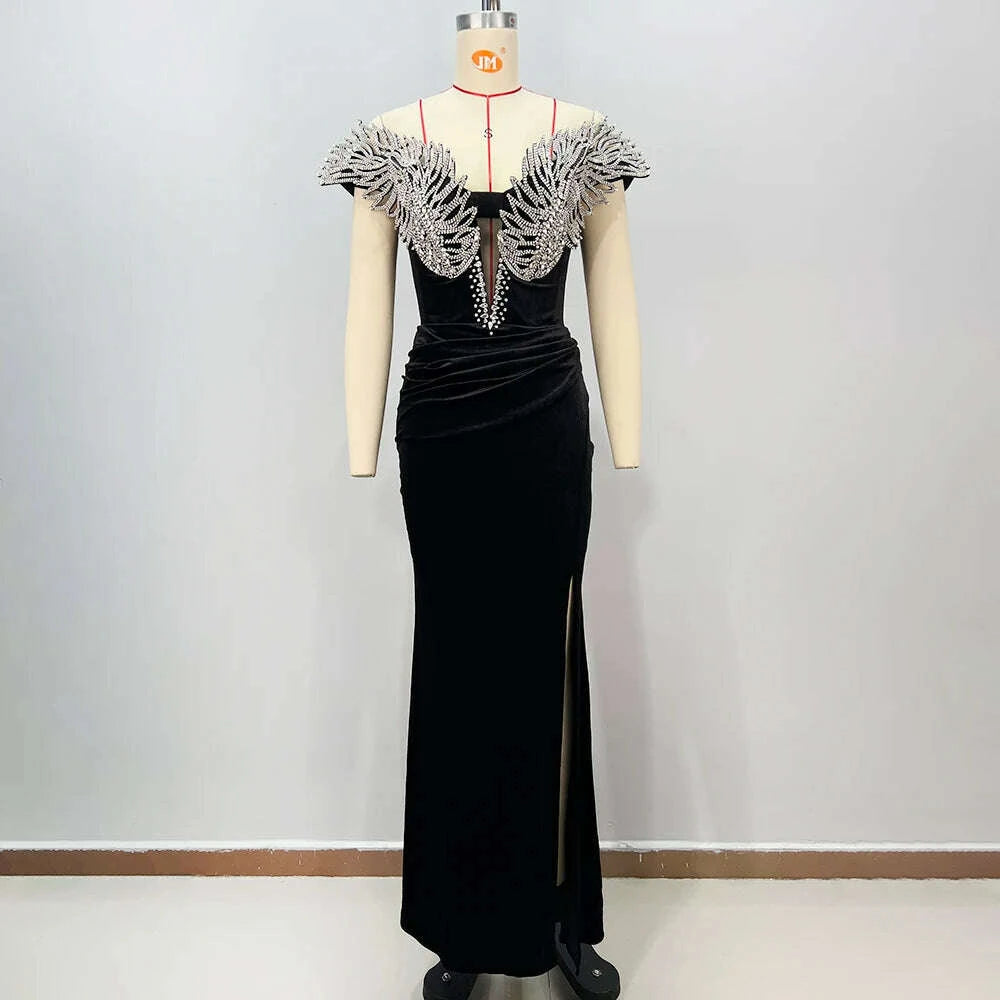 KIMLUD, VC Fashion Black Velvet Gown with Crystal Feather Shoulders Maxi Dress with High Slit, KIMLUD Womens Clothes