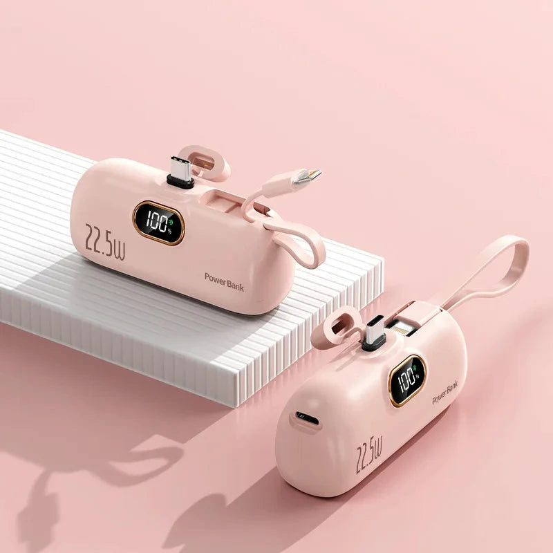 Portable Mini Power Bank Type C Plug Built in Cable 22.5W Fast Charging for iPhone Samsung Xiaomi External Battery