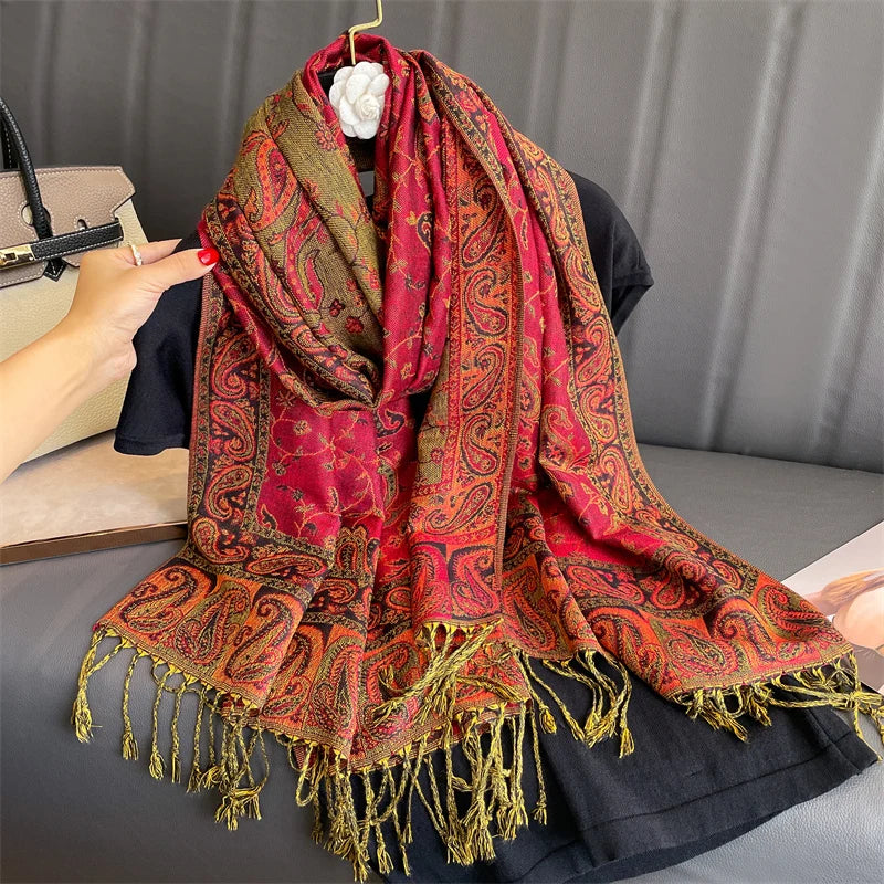 Cashmere Pashmina Shawl With Autumn Print Design, Olive Accents And Gold-Toned Fringe — Red | KIMLUD