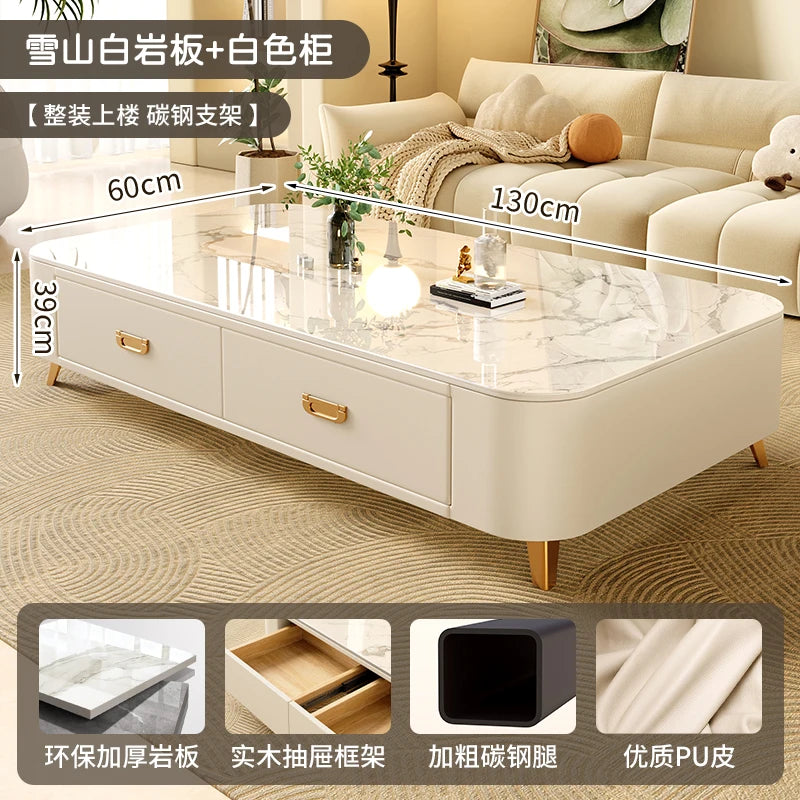Rock-Slab Coffee Table With Wooden Frame — White | KIMLUD