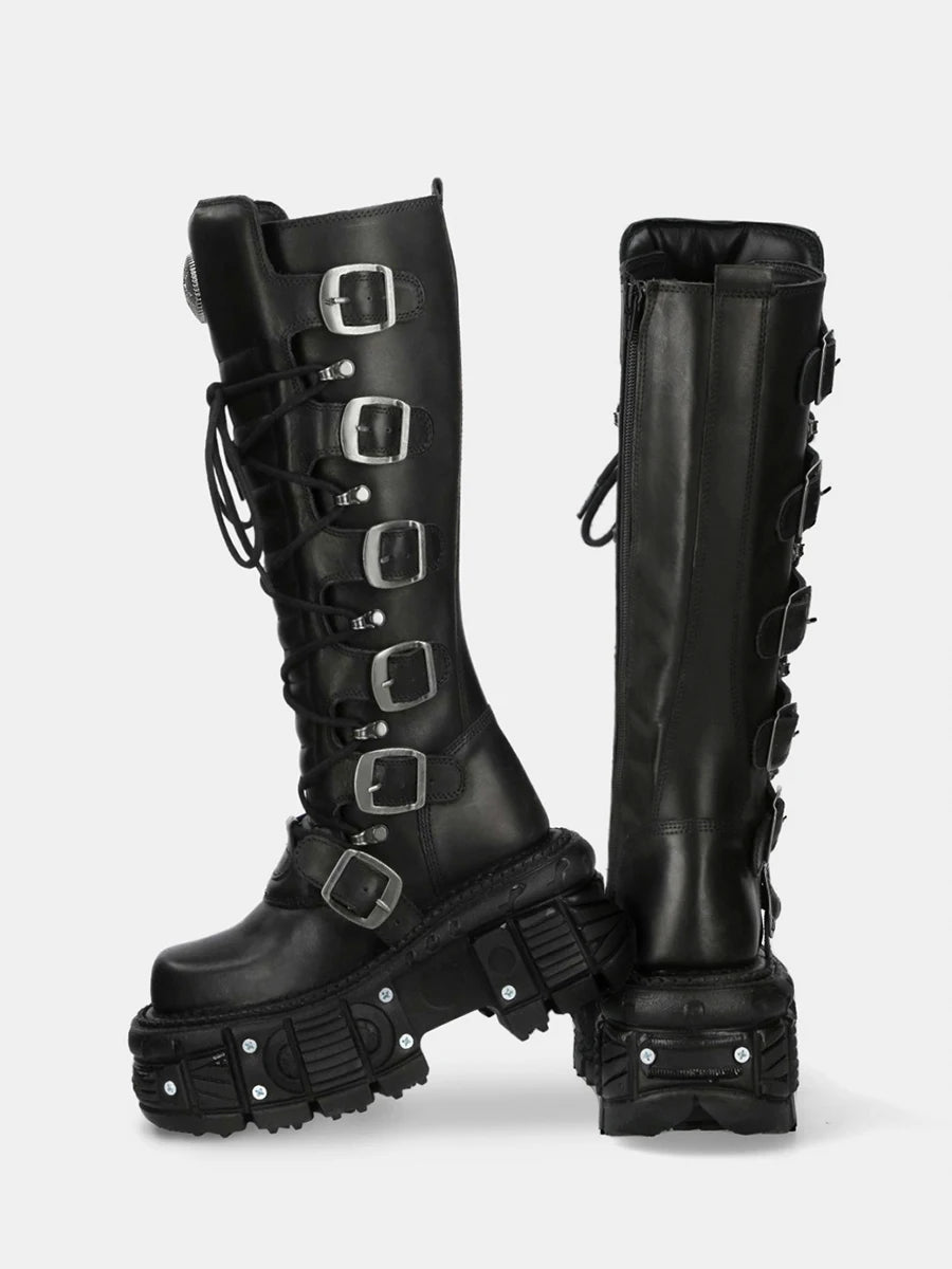 Belt Buckle Motorcycle Boots Knee High Rock Punk Round Toe Thick Bottom Leather Solid Color Fashion Sexy Women Shoes New