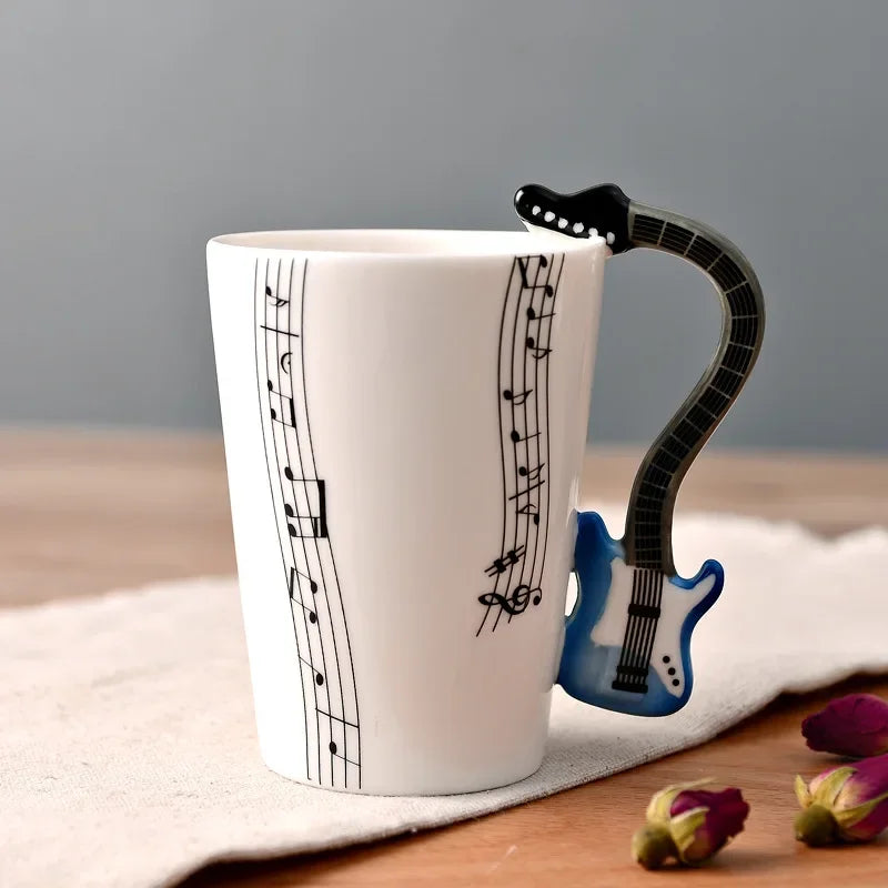 Bone China Mug With Music Note Motif And Delicate Guitar Handle — White | KIMLUD
