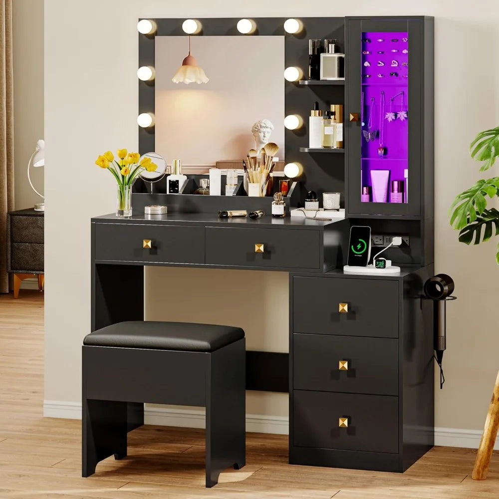 Vanity Desk with Mirror and Lights, Makeup Vanity Table Set with 5 Storage Drawers, Power Outlet & Chair, Small Dressing Table