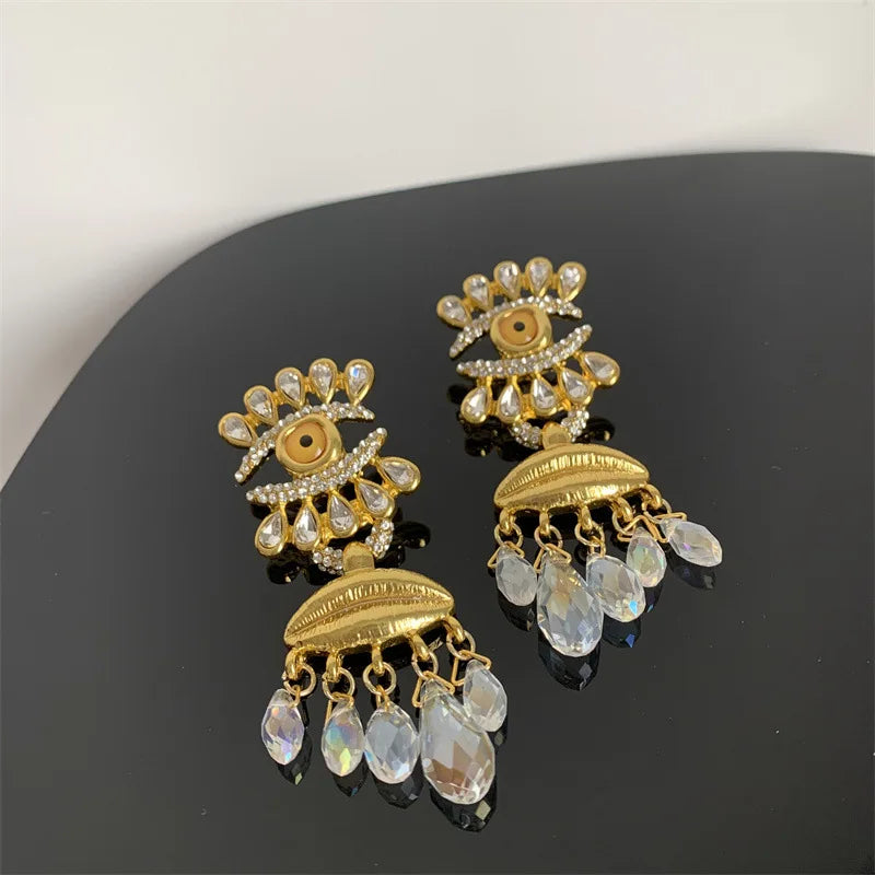 European and American medieval accessories vintage eye tassels light luxury high-end earrings French fashion devil eye earrings