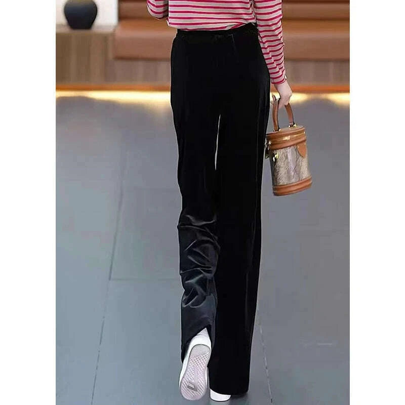 Korean Fashion Women Pleuche Pants Autumn Winter Elastic High Waist Solid Pockets Loose Office Lady Straight Wide Leg Trousers