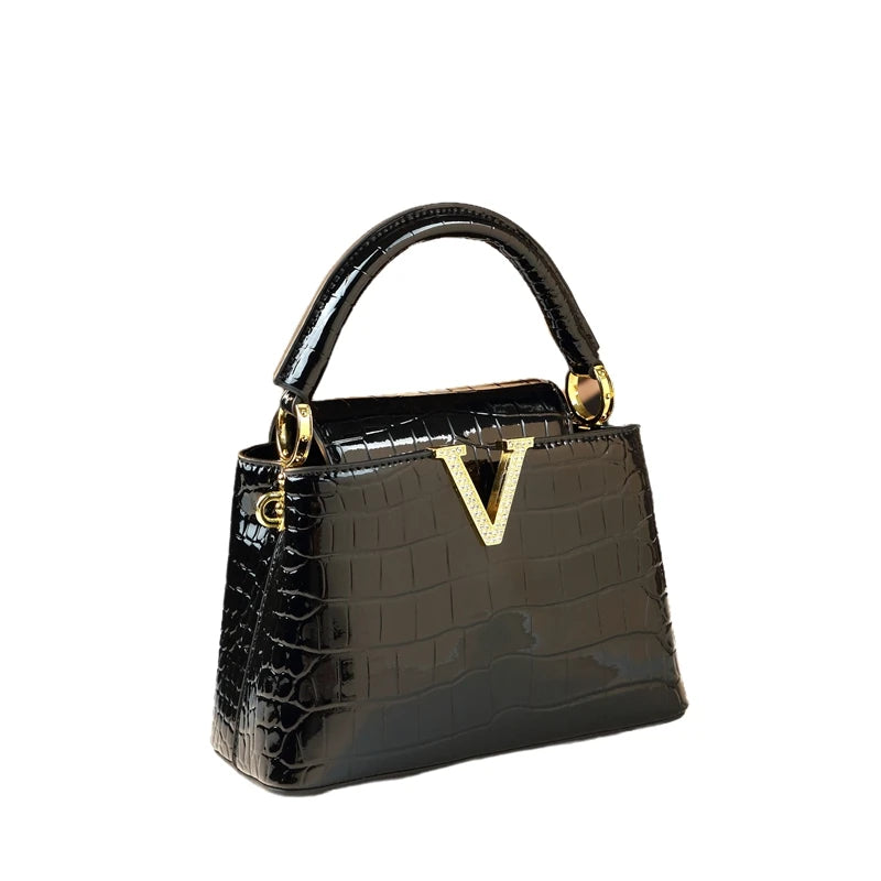 Crocodile Pattern Leather Shoulder Bag Small — Black | KIMLUD