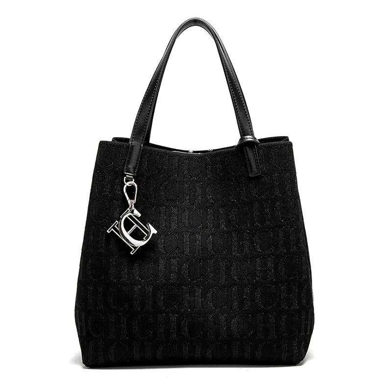 Cotton Bucket Bag Large Capacity Letter Design With Open Pocket — Black | KIMLUD