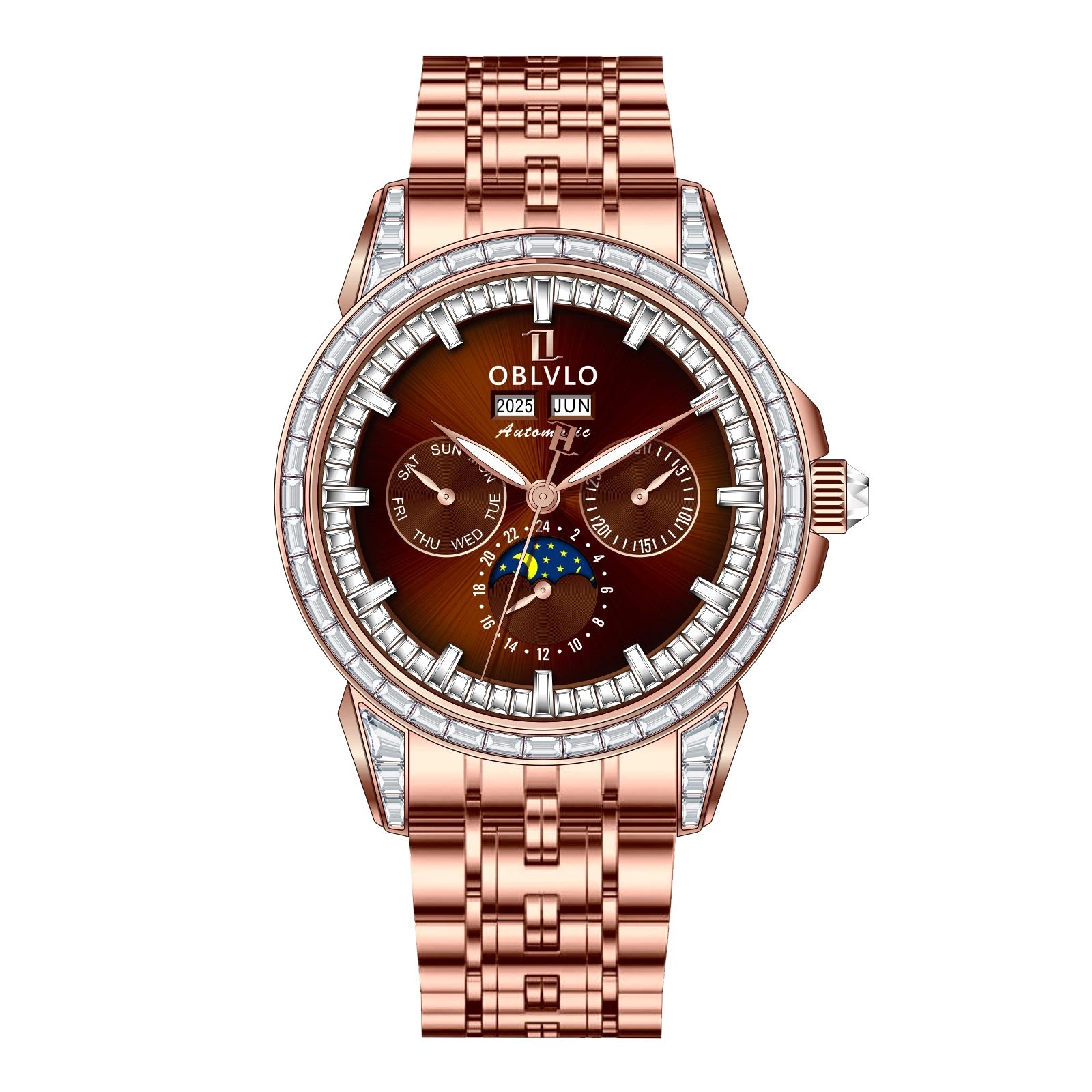 Moonphase Automatic Leather Strap Watch Complete Calendar — Red | KIMLUD