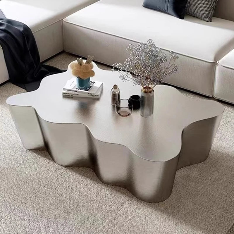 Industrial Metal Coffee Table Sculptural — Brushed Stainless Steel | KIMLUD