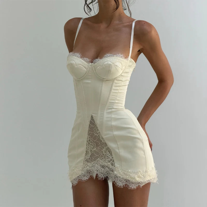 Lace Sling Satin Sheer Mini Dress — White | KIMLUD