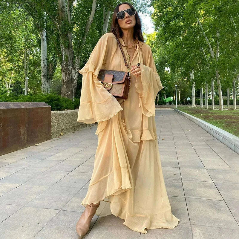 Tornova Chiffon Ruffled Long Dress For Women Flared Sleeves Long Sleeve V-Neck High Waist Dress Female Summer Casual Loose Dress Tornova Chiffon Ruffled Long Dress For Women Flared Sleeves Long Sleeve V-Neck High Waist Dress Female Summer Casual Loose Dress