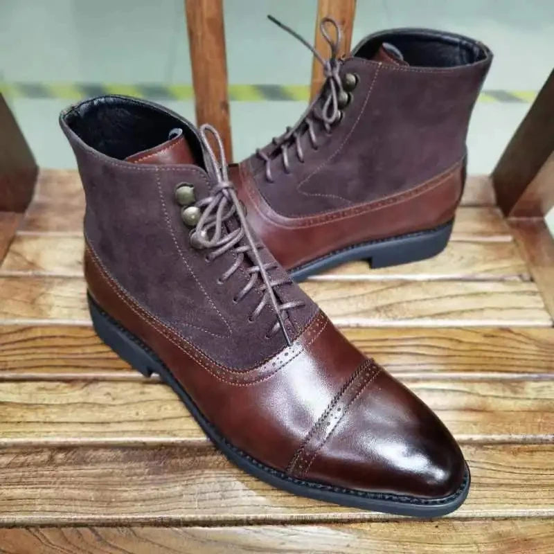 Large size:38-46 Men Short Boots Brown Bullock Flock Lace-up Square Toe Handmade Business Ankle Shoes for Men