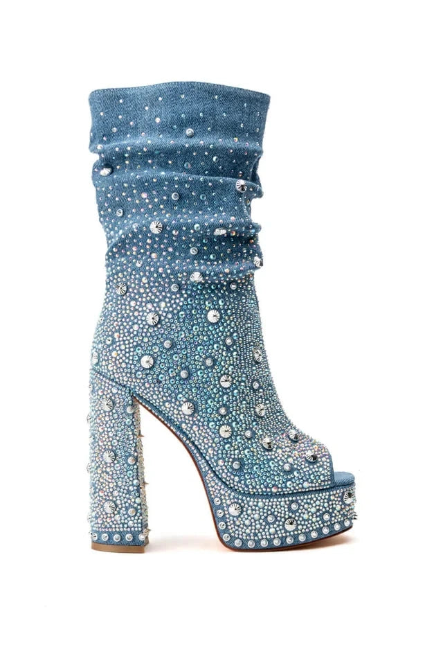 Mid-Calf Boots – Crystal Embellished Pointed Toe – High Heel | KIMLUD