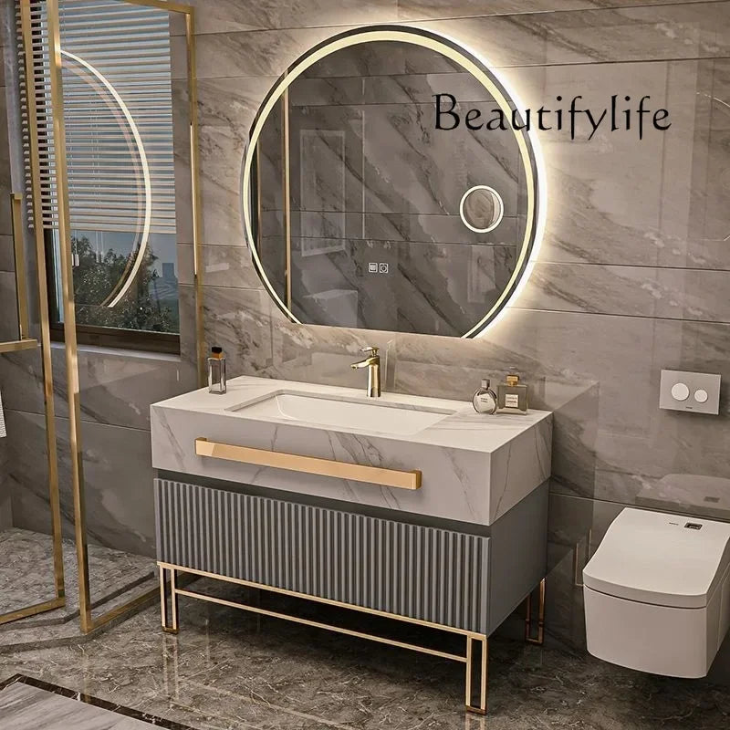 Oak Vanity Cabinet With Rock Slab LED Lighting — Grey | KIMLUD