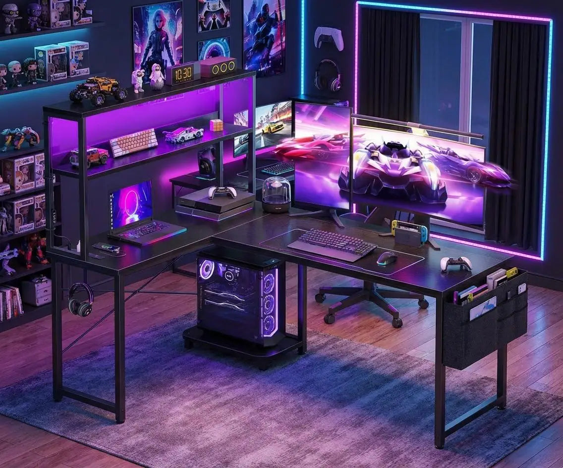 L Shaped Gaming Desk with Power Outlets & LED Lights, Corner Desk with Monitor Stand for Home Office, Space-Saving