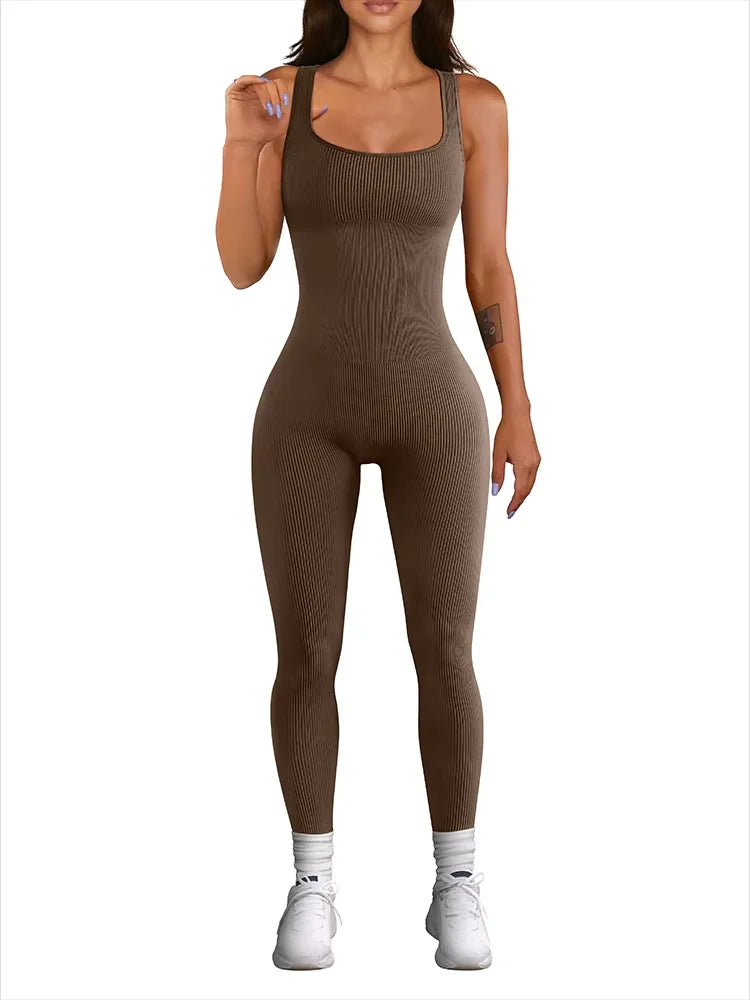 Women's Sleeveless Yoga Jumpsuit Exercise Ribbed Square Neck Vest High Waist Fitness Sports One-piece Yoga Suit