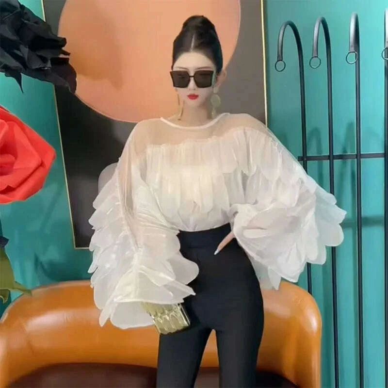 KIMLUD, Women Blouse Light Luxury Summer Shirt For Lady Round Neck Full Sleeves Spliced Flounced Edge Mesh Irregular Hem Loose Tops Tide, KIMLUD Womens Clothes