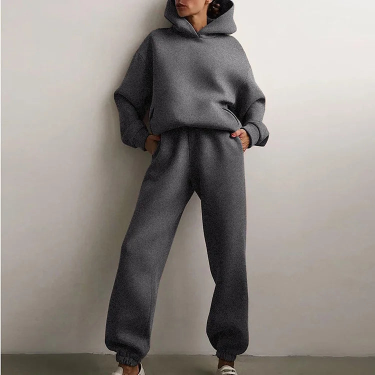 Fleece Hooded Two-Piece Set Cozy Winter Essential — Black | KIMLUD