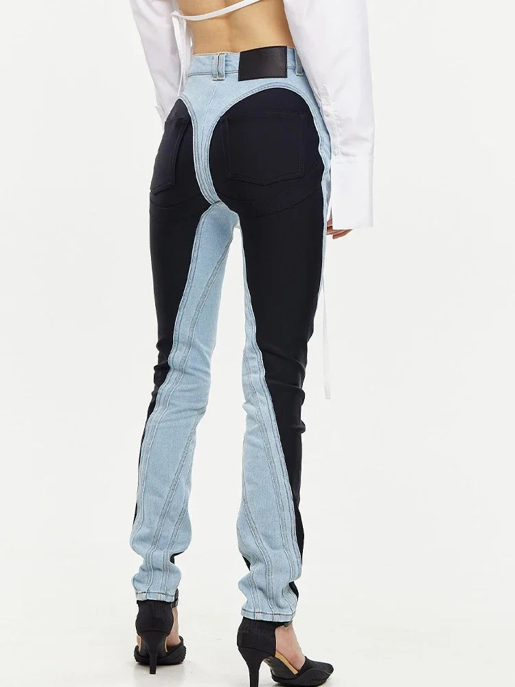 Patchwork Colorblock Women's Jeans High Waist Slim Casual Straight Denim Pencil Pants Female Fashion