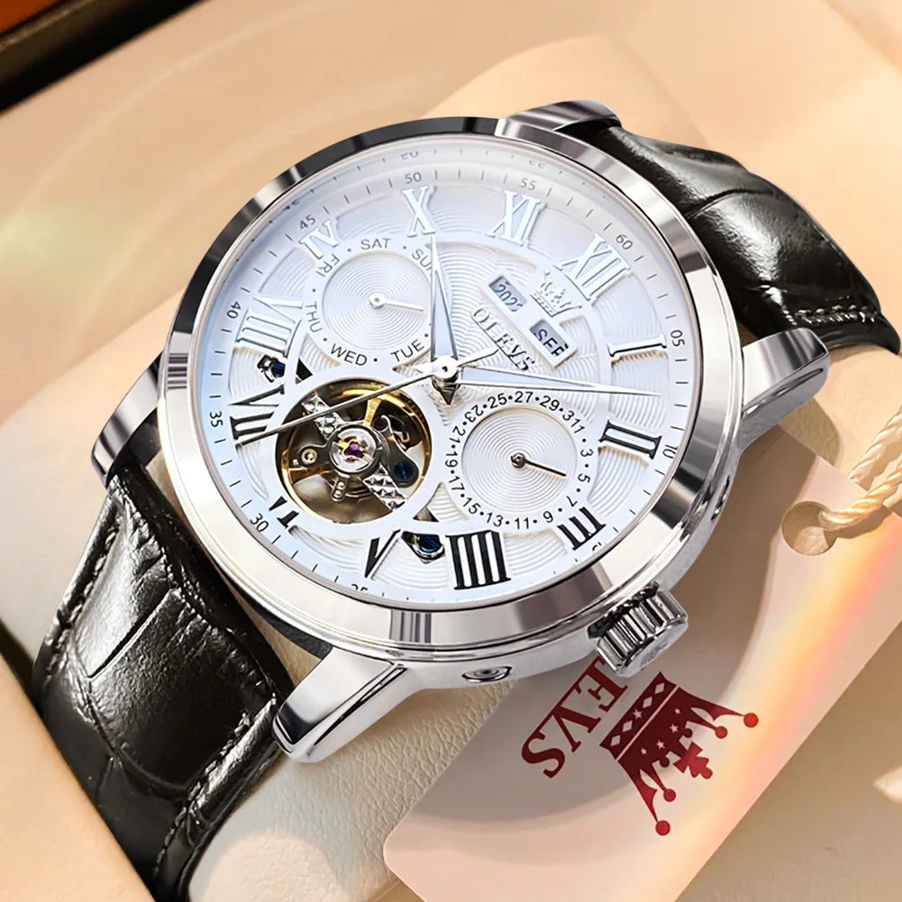 Luxury Automatic Watch With Brown Leather Strap And Mechanical Hand Wind Movement — Blue | KIMLUD