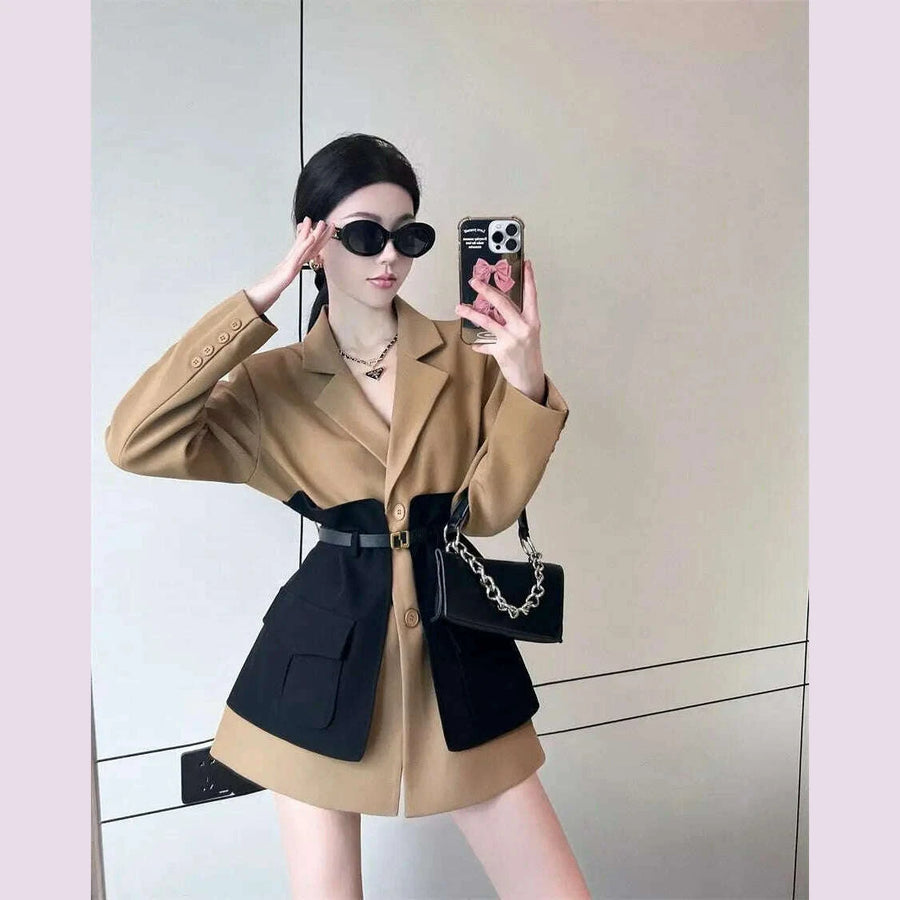 Original Design Blazer Women Fashion New Loose Spliced Pocket Korean Shrug Notched Single Breasted Blazer Mujer Femal with Belt