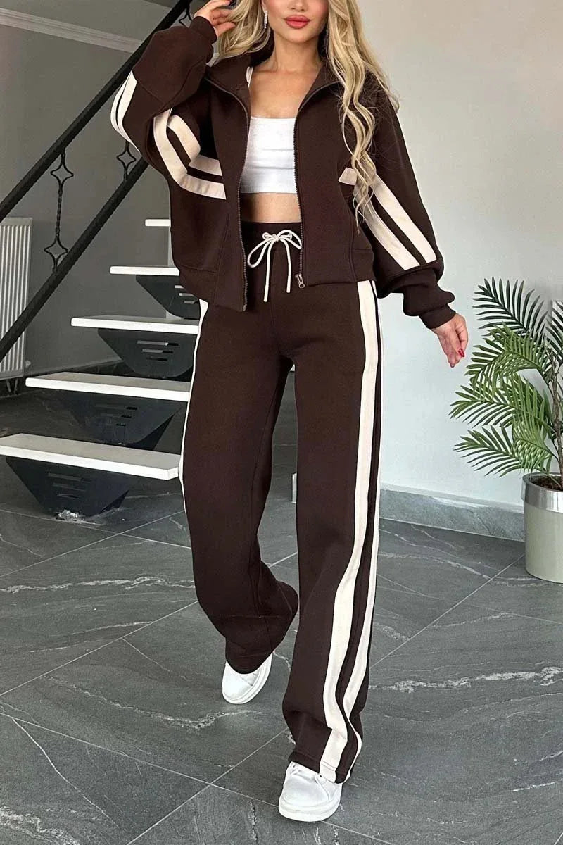 Laminated Striped Two-Piece Tracksuit Set — White | KIMLUD