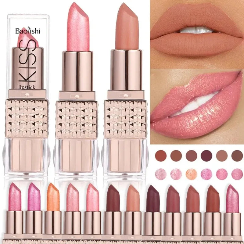 12 Colors Glitter Shiny Lipstick Waterproof Long Lasting Pearlescent Shimmer Lip Tint Diamond Easy Color Lipstick Deluxe Makeup