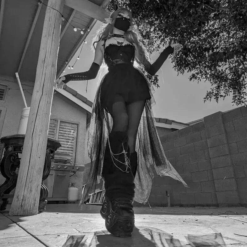 KIMLUD, Sexy Net Yarn High-Waisted Irregular Skirt for Women Summer New European and American Gothic Style Versatile Casual Skirts, KIMLUD Womens Clothes