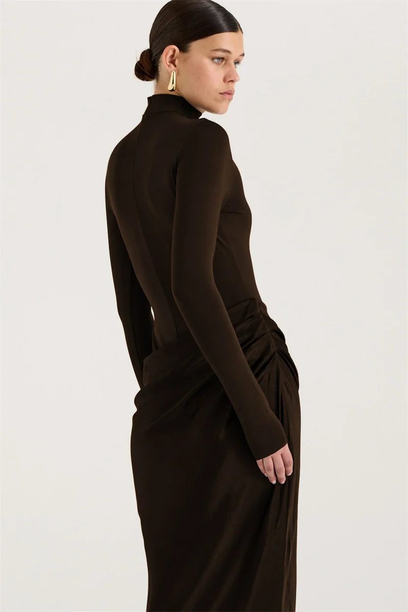 Mozision Autumn Long Sleeve Sexy Maxi Dress Women Fashion Hollow Out Turtleneck Ruched Bodycon Club Party Long Dresses Female