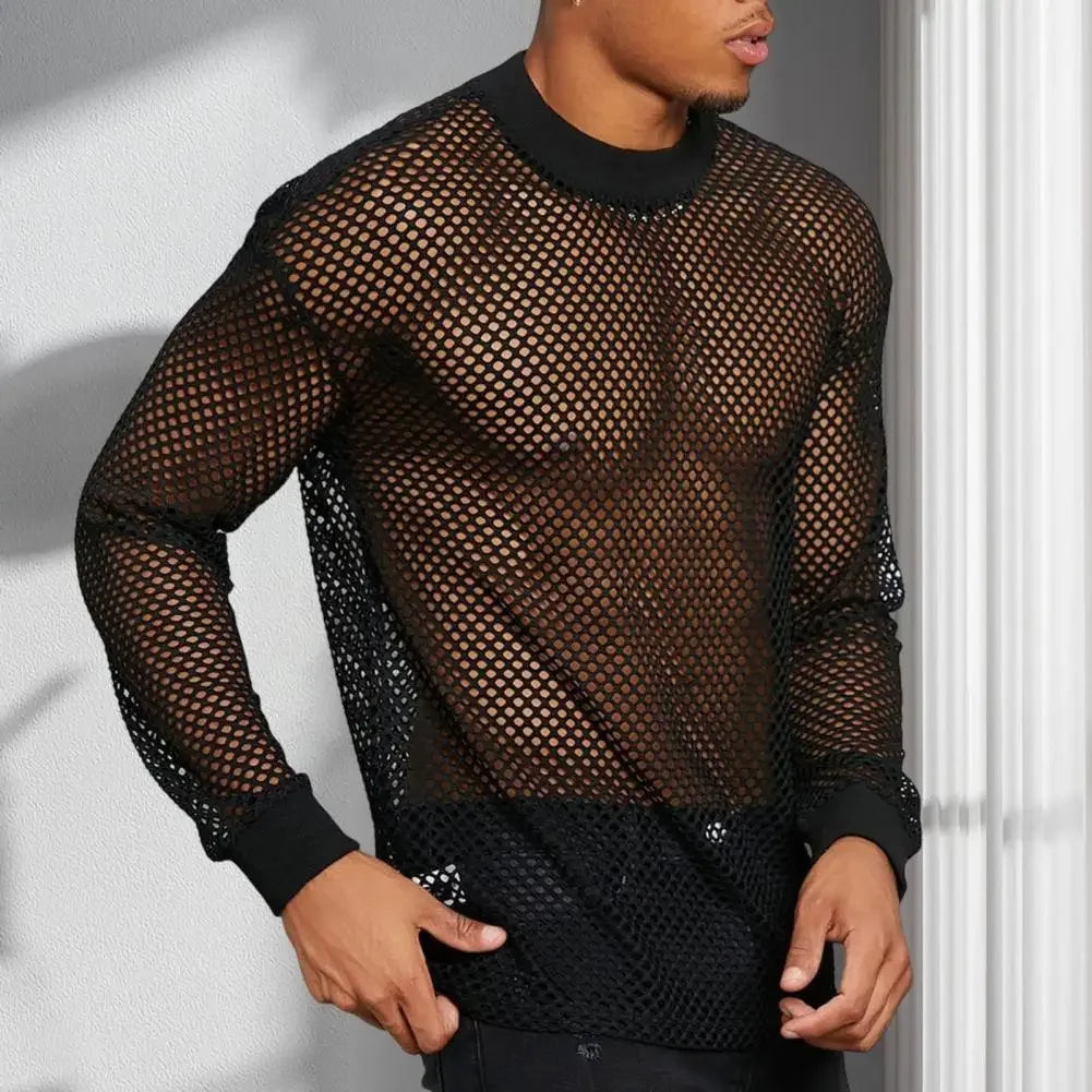 Mesh Top Hollow Design Long Sleeve Tee Loose Fit For Club Nights — Black | KIMLUD