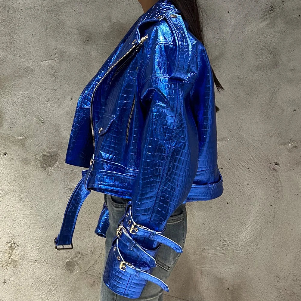 Shiny Blue Women Leather Jacket Real Lambskin Leather Cloth Streetwear Leather Jackets