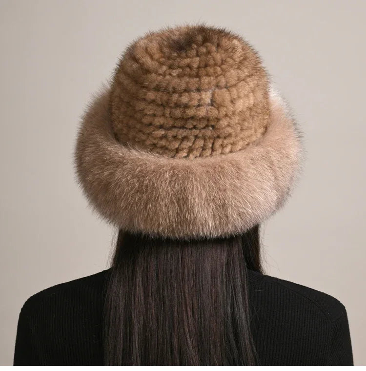 New Genuine Real Natural Knitted Mink Fur Hat Cap Luxury Women Handmade Knit Fashion Winter Headwear Warm Real Fox Fur Beanies