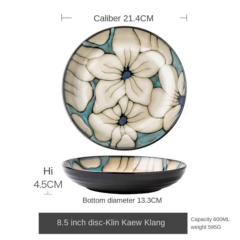 KIMLUD, Chinese-style ceramic deep plate household salad plate disc personality plate creative old-fashioned hand-painted tableware, 8.5 inches 1, KIMLUD Womens Clothes