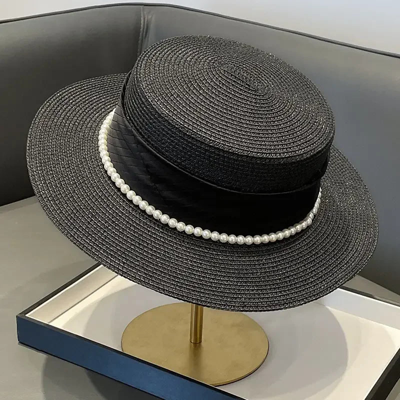 Straw Flat Sun Hat Pearl Chain — Natural Beige | KIMLUD