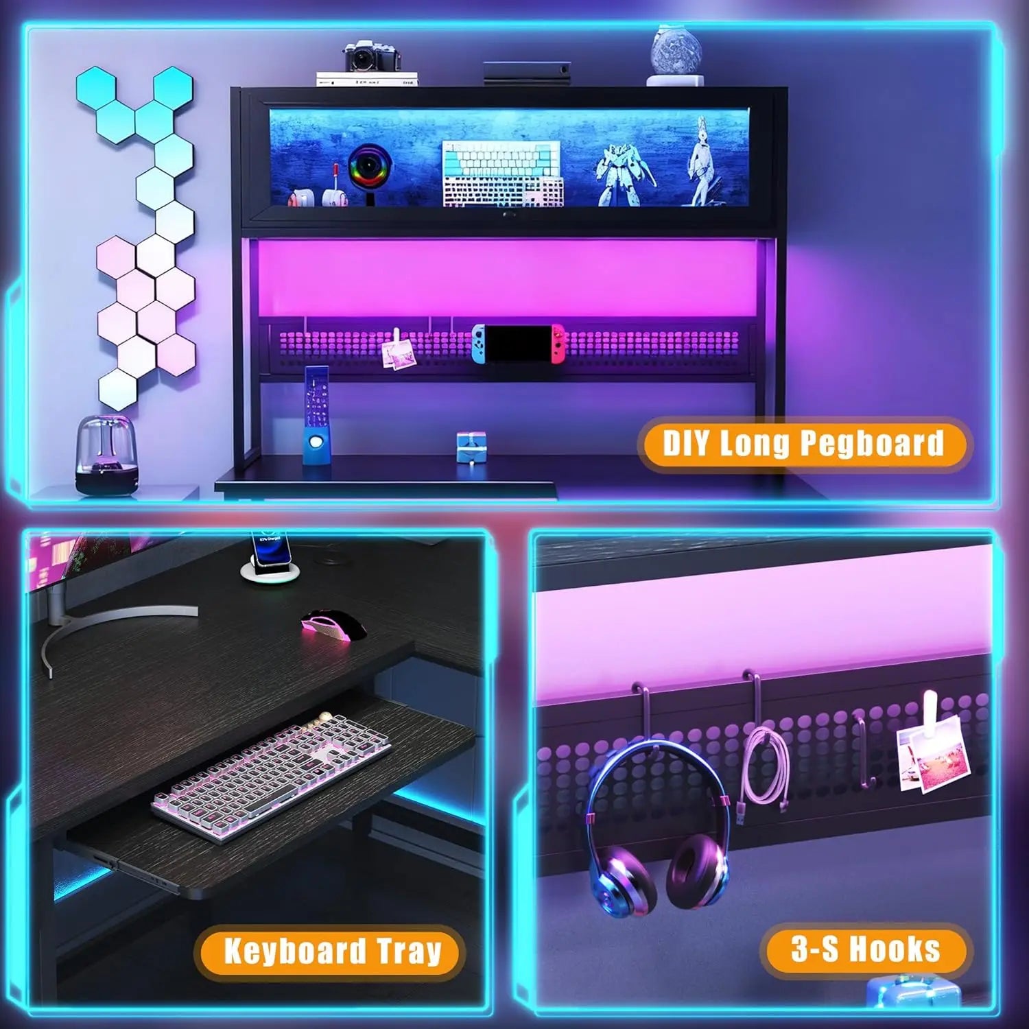 L Shaped Gaming Desk with Power Outlets & LED Lights, 49'' Reversible Computer Desk with Hutch & Pegboard & Display Cabinet