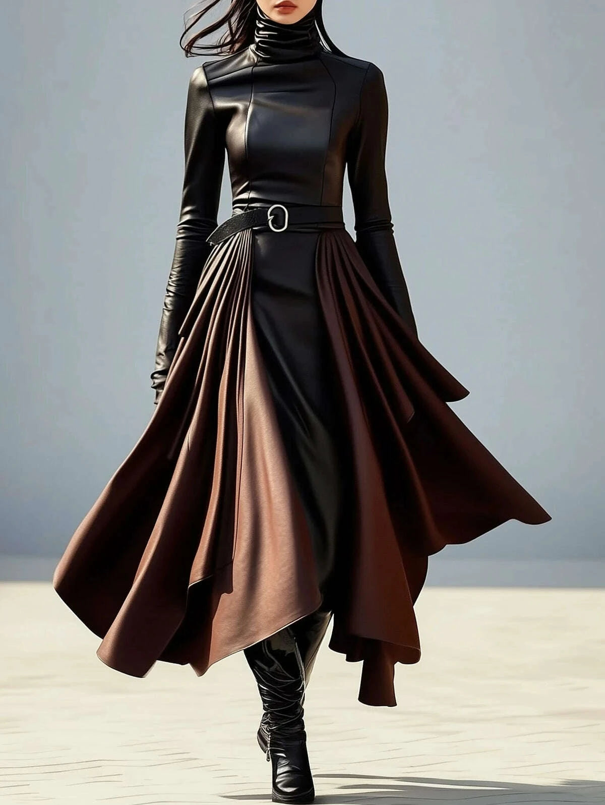 new-style-one-piece-dress-high-neck-irregular-hem-belt-faux-pu-leather-midi-dress-women-slim-fit-high-end-fashion-party-wearkimlud-womens-clothes-35081445