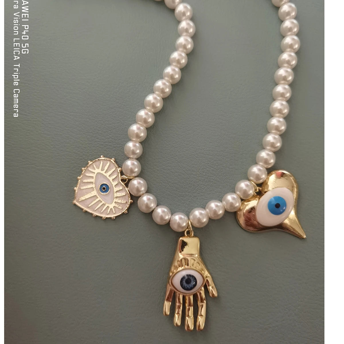 Imitation Pearl Coin Charm Necklace — Grey | KIMLUD