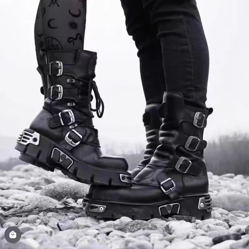Genuine Leather Motorcycle Boots Goth Skull Embellishment With Metal Hardware — Black | KIMLUD