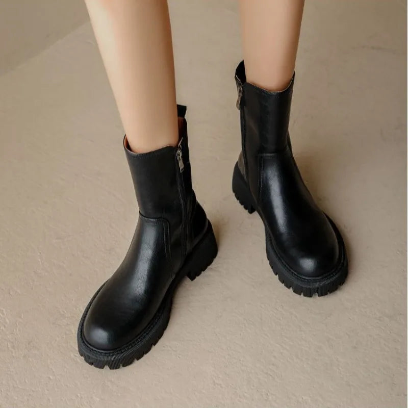 Women's Half High Boots Brown Round Toe Ladies Mid Calf Shoes Chelsea Flat Comfortable and Elegant Winter 2024 Novelty Cosplay