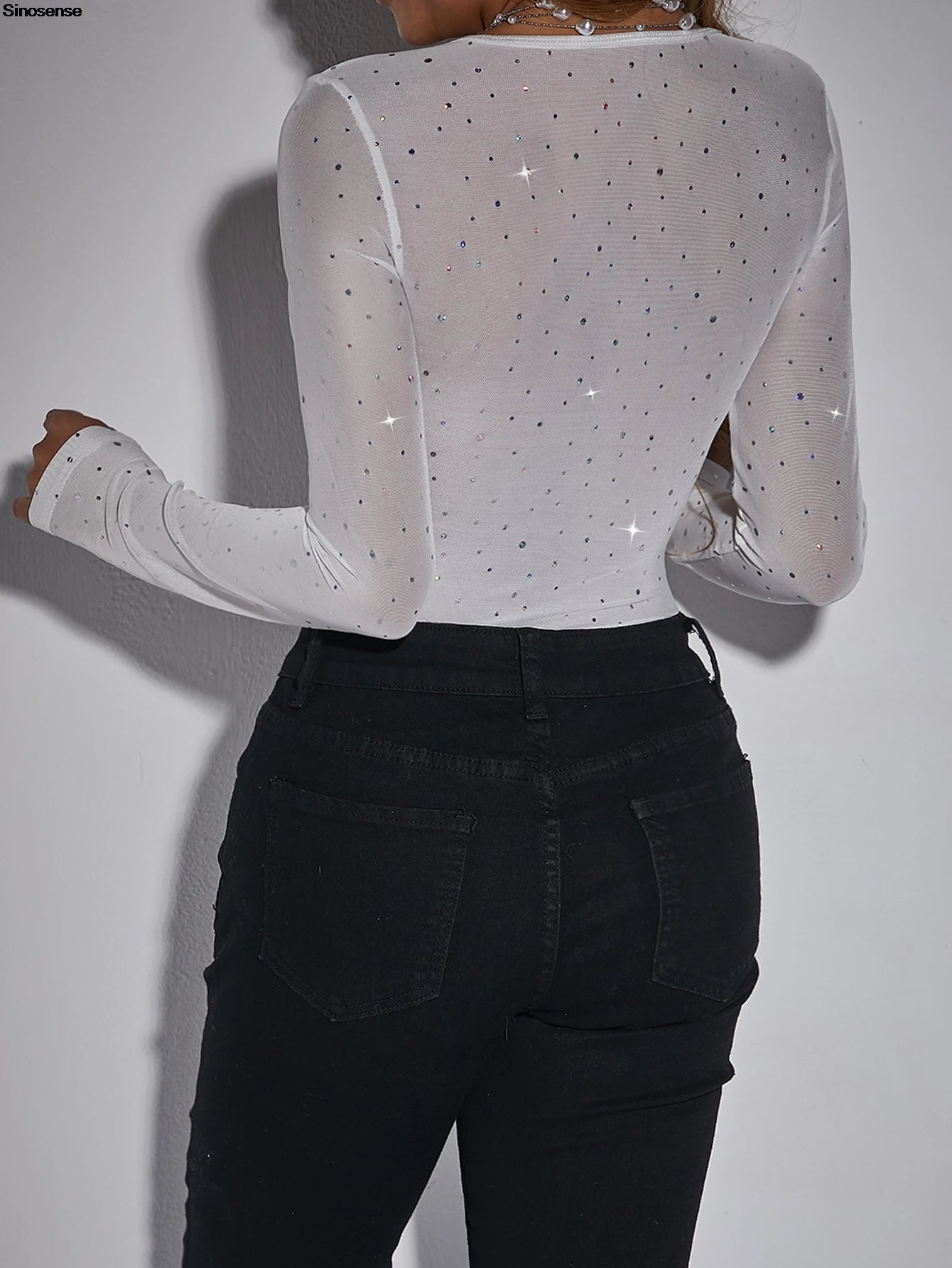 Sequin Mesh Bodysuit Slim Long Sleeve Sweetheart Neck — Black | KIMLUD