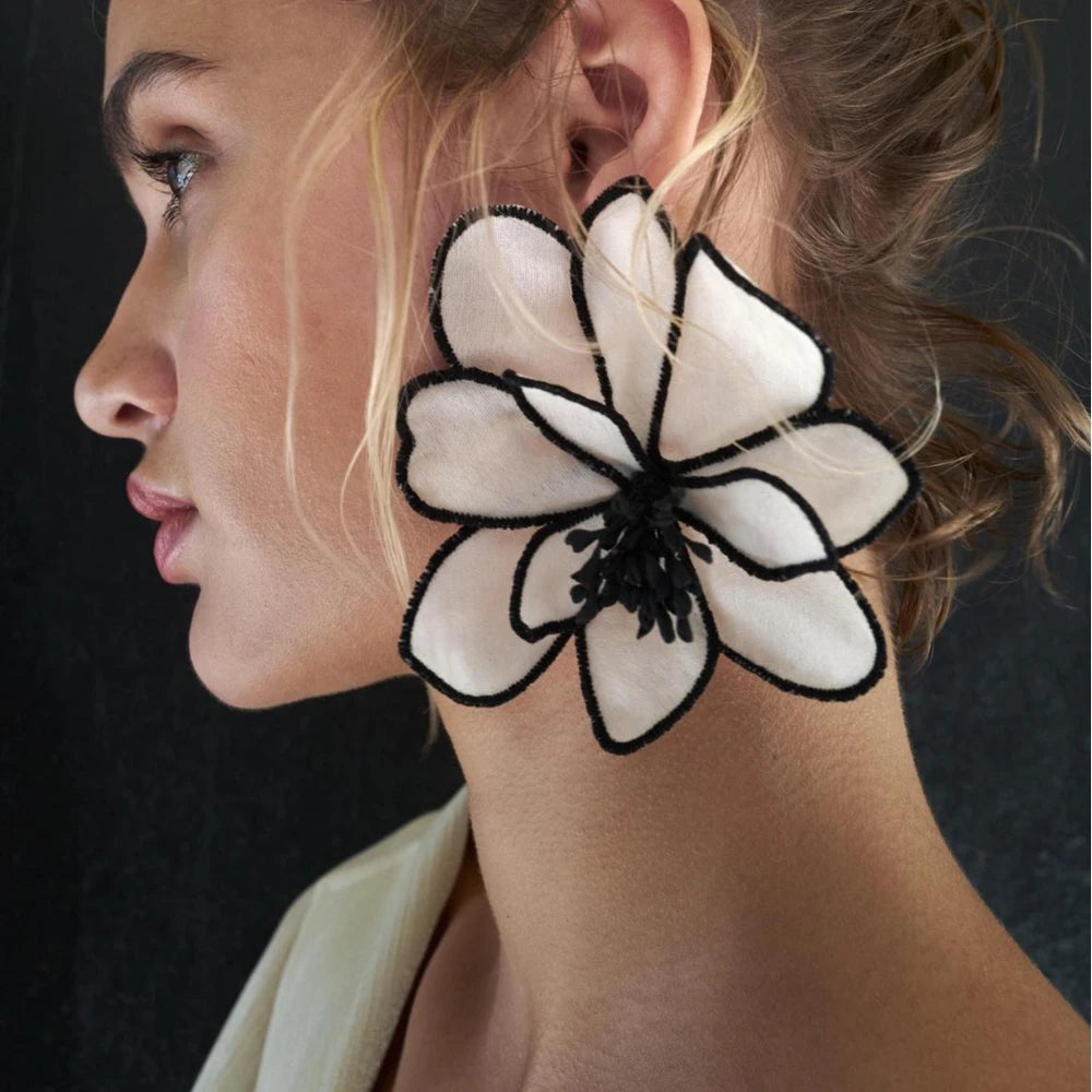 Large Flower Earrings Embroidered — White | KIMLUD