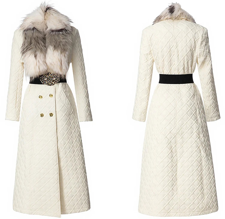 Color Blocking Fur Collar Coat – Polyester Cotton | KIMLUD