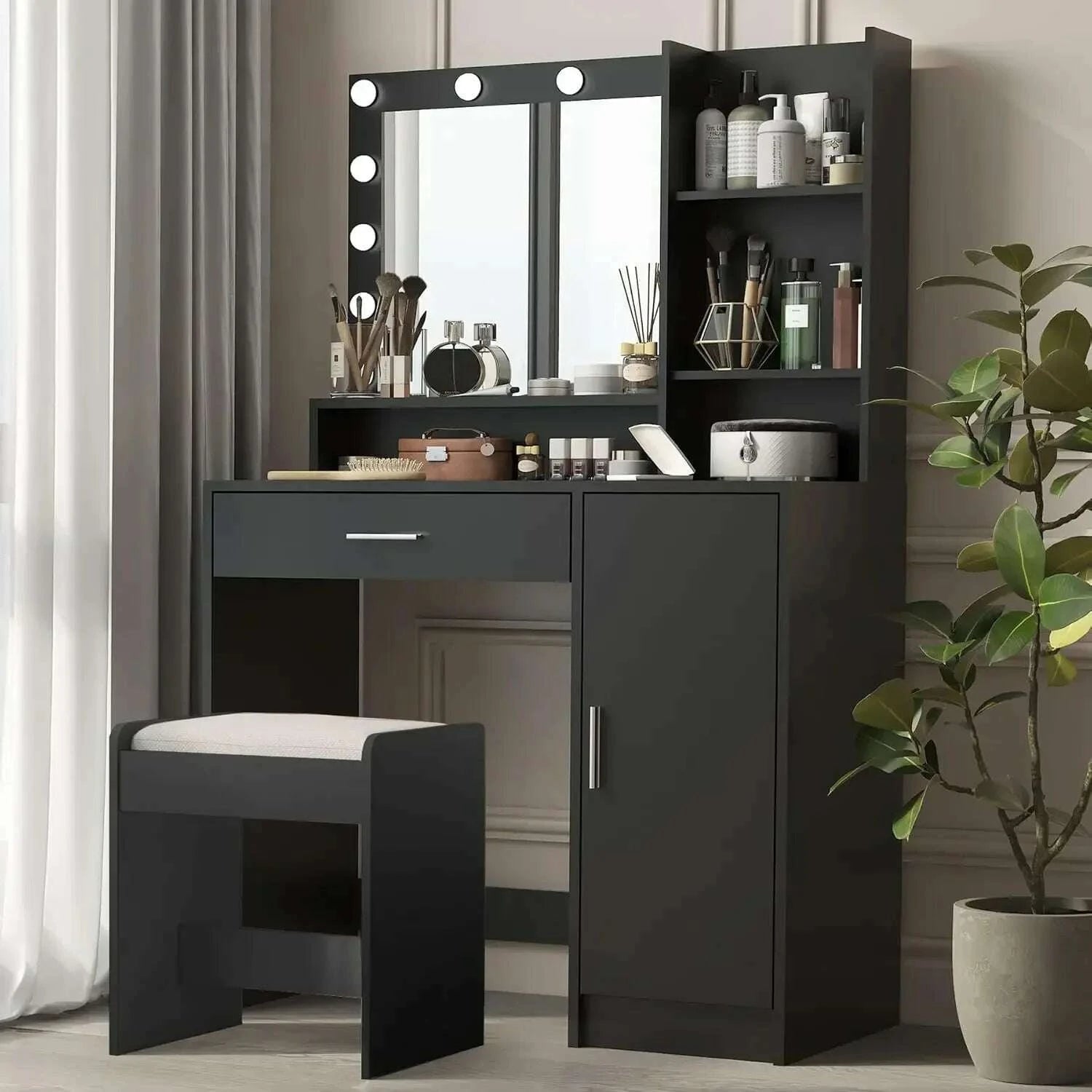 vanity-desk-with-mirror-light-large-drawer-three-level-storage-dresser-bedroom-dressing-table-black-with-stoolkimlud-womens-fashion-34600013