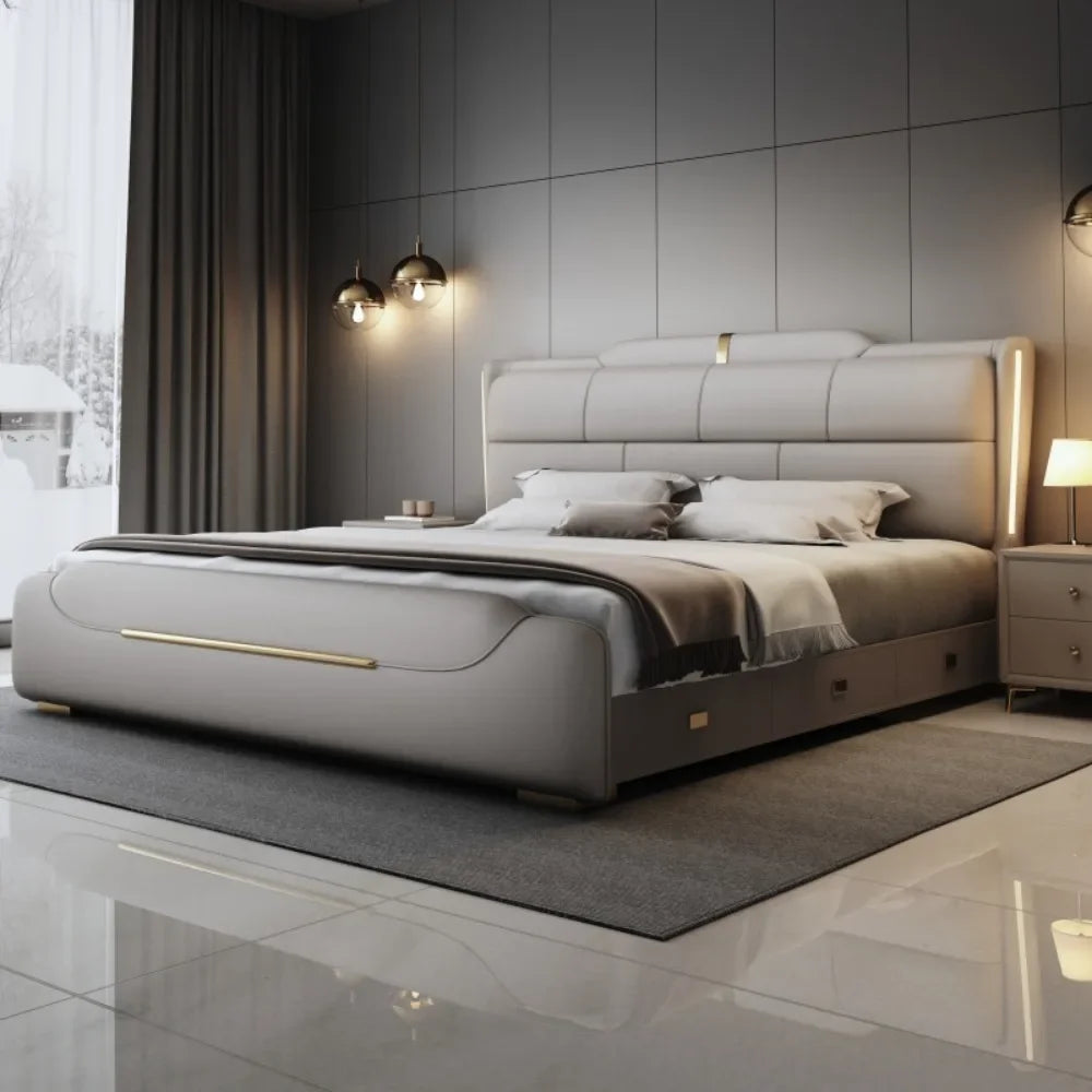 Cowhide-Layered Upholstery Storage Bed With Three Drawers — Charcoal | KIMLUD