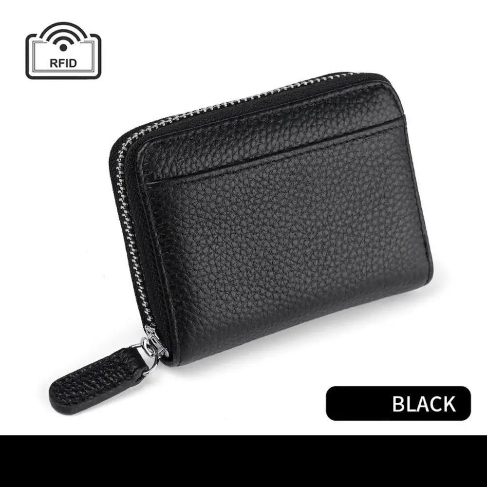 Genuine Leather Credit Card Holder Wallet RFID-Blocking — Black | KIMLUD