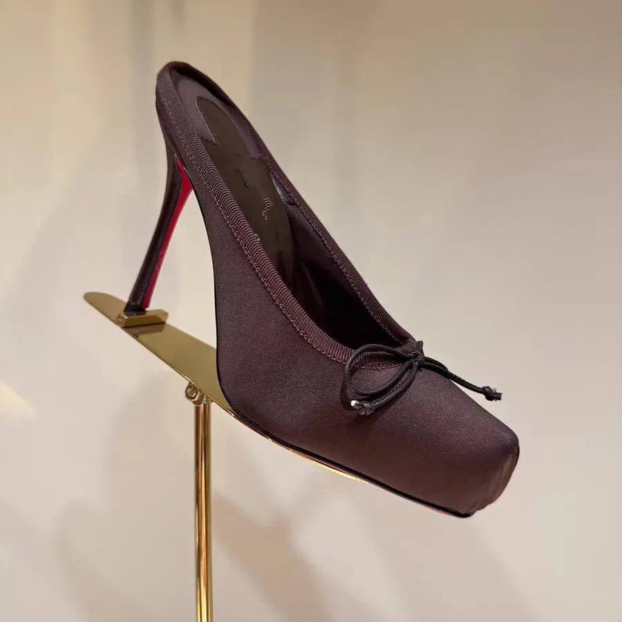 Satin Butterfly-Knot Square-Toe Heels — Black | KIMLUD