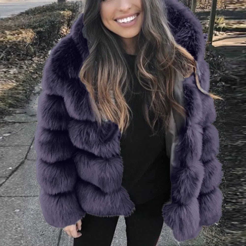 DEAT Fashion Imitation Fox Fur Grass Jacket Women's Hooded Loose Long Sleeves Patchwork Plush Thick Coat Winter New 7A975